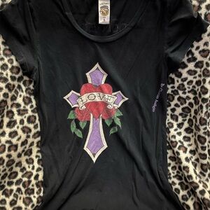 Vintage Ed Hardy Black Tee with Purple and Red Love Cross